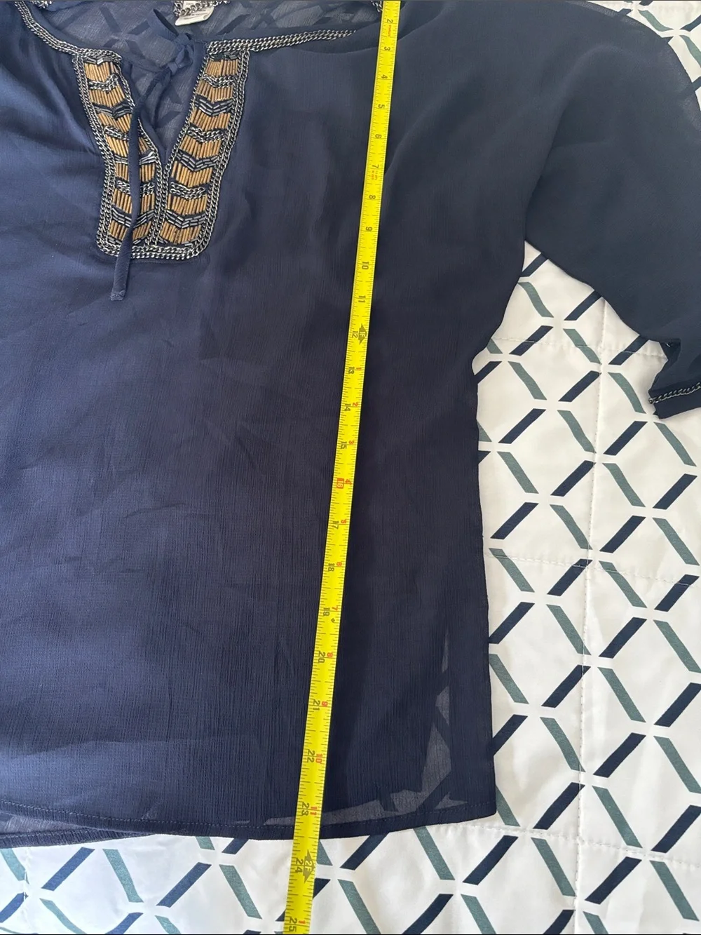 Cache Navy blue Sheer Tunic with Gold Embellished V-Neck